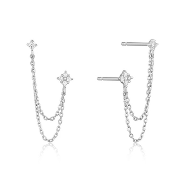 925 Sterling Silver Stud Double Piercing Platinum Earrings - Picture 2 of 5